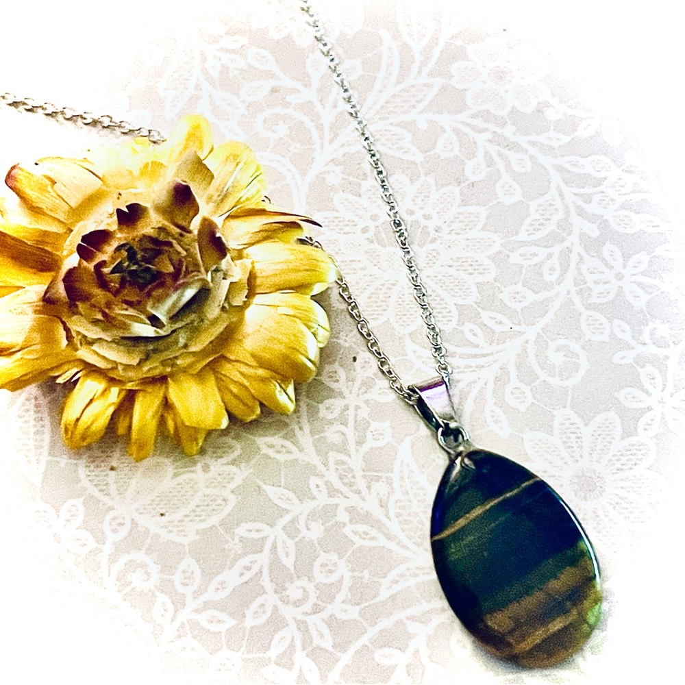 New 925 Sterling Silver Brown Black Tigers Eye Stone Water Drop Necklace - Picture 8 of 14